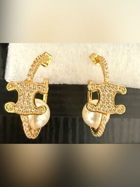 Gold Pearl Accent Women’s Hoop Earrings -  Celine